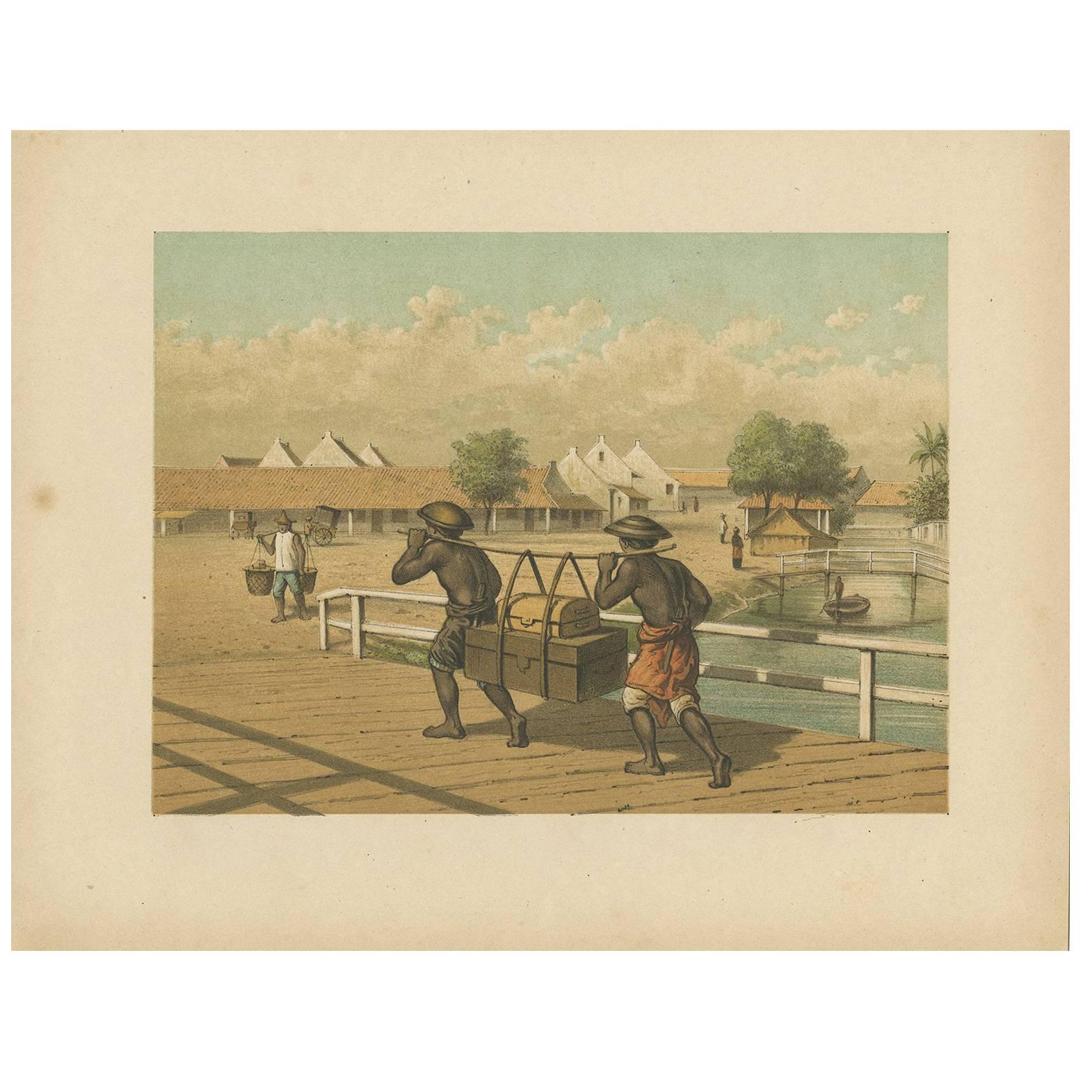 Antique Print of native 'koelies' or carriers on Java by M.T.H. Perelaer (1888) For Sale