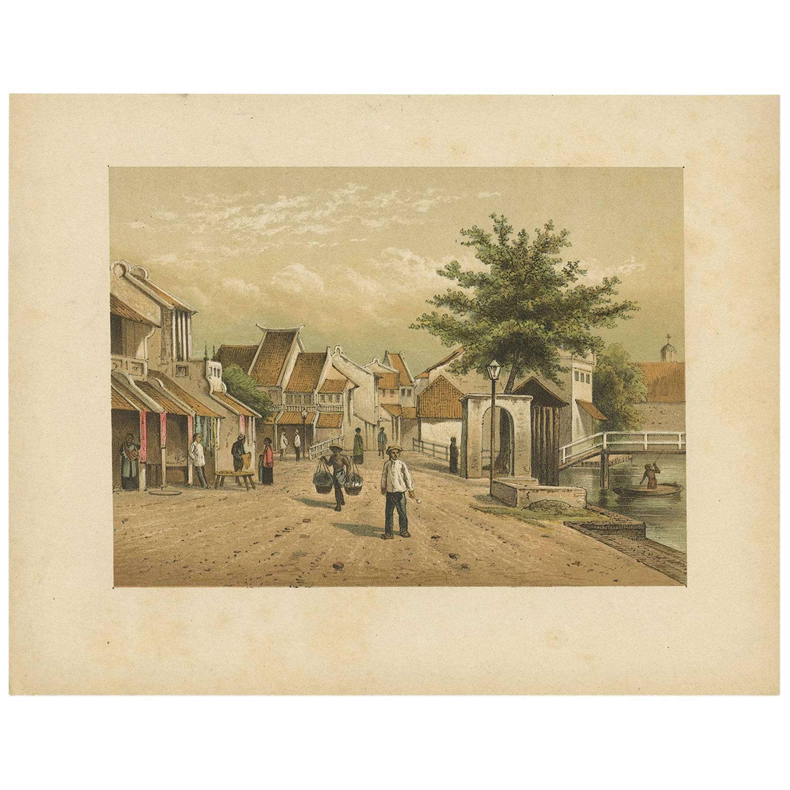 Impression ancienne d'une vue de rue de Batavia, Indonésie, par M.T.H. Perelaer, 1888