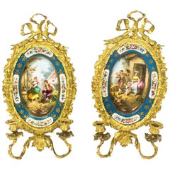 19th Century Pair of Ormolu and Sevres Porcelain Two Branch Wall Lights Sconces