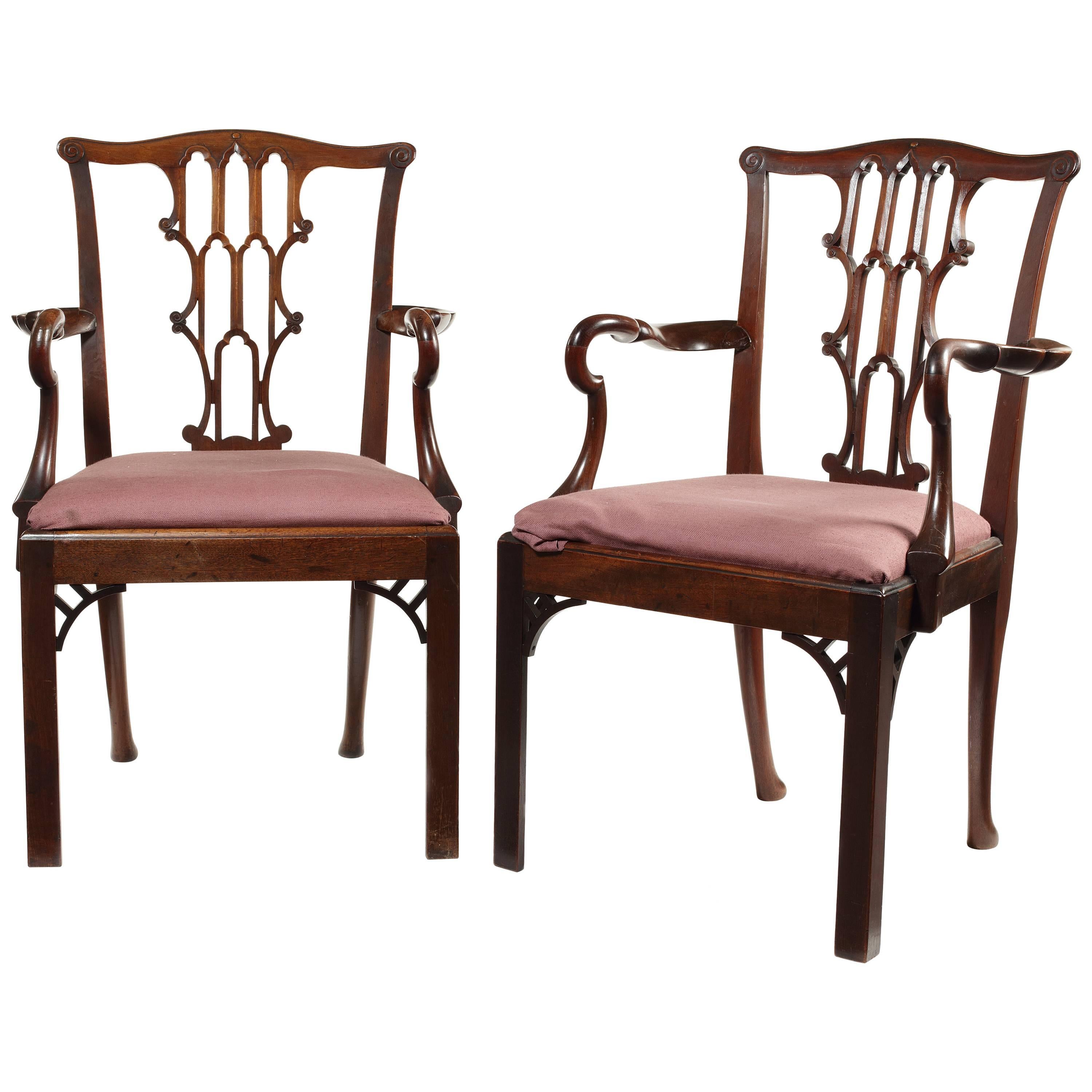 Pair of Late 19th Century Chippendale Gothic Style Open Armchairs