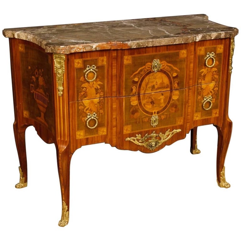 French Dresser in Inlaid Wood with Marble Top in Louis XV Style 20th
