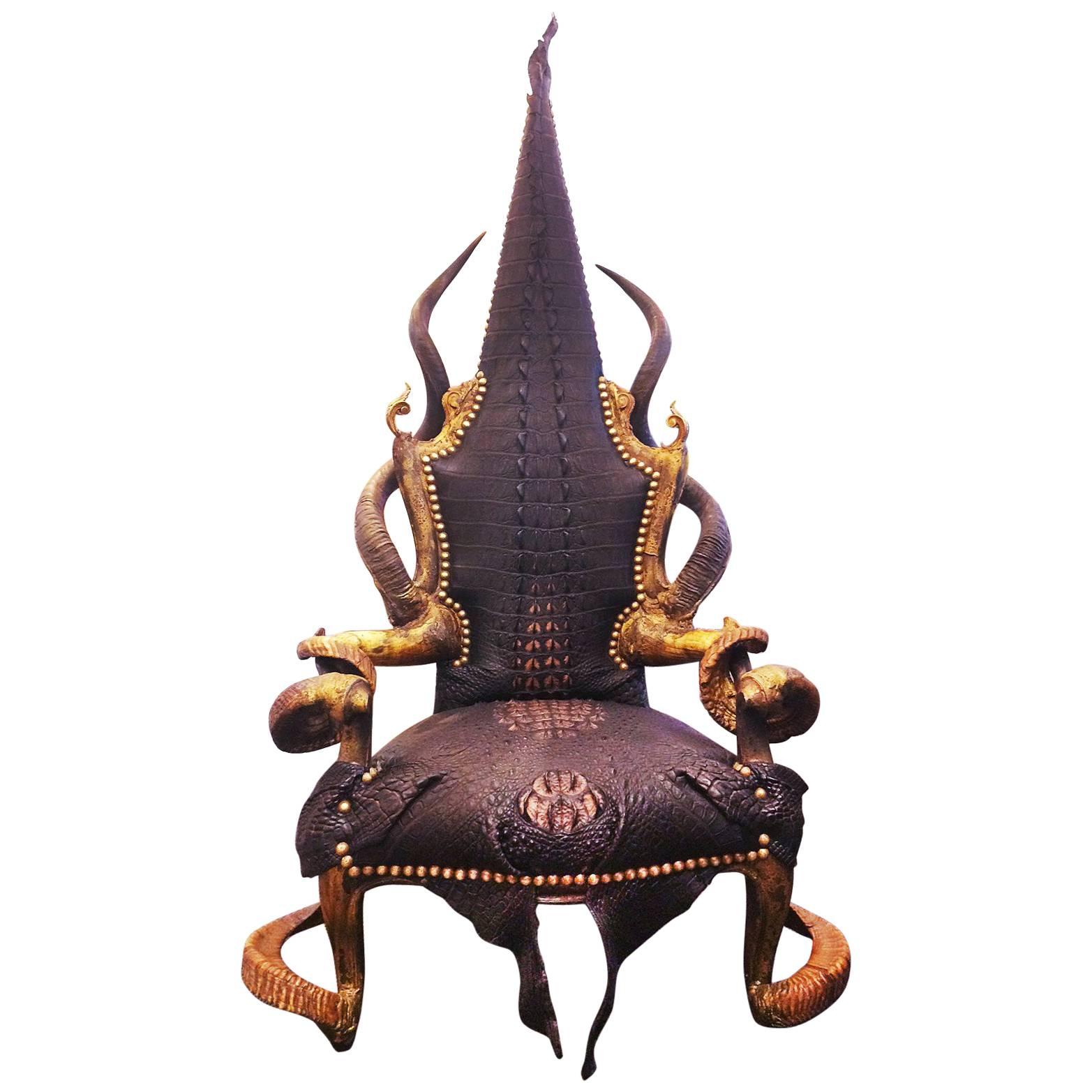 Crocodile Black Sharp Armchair with Real Horns