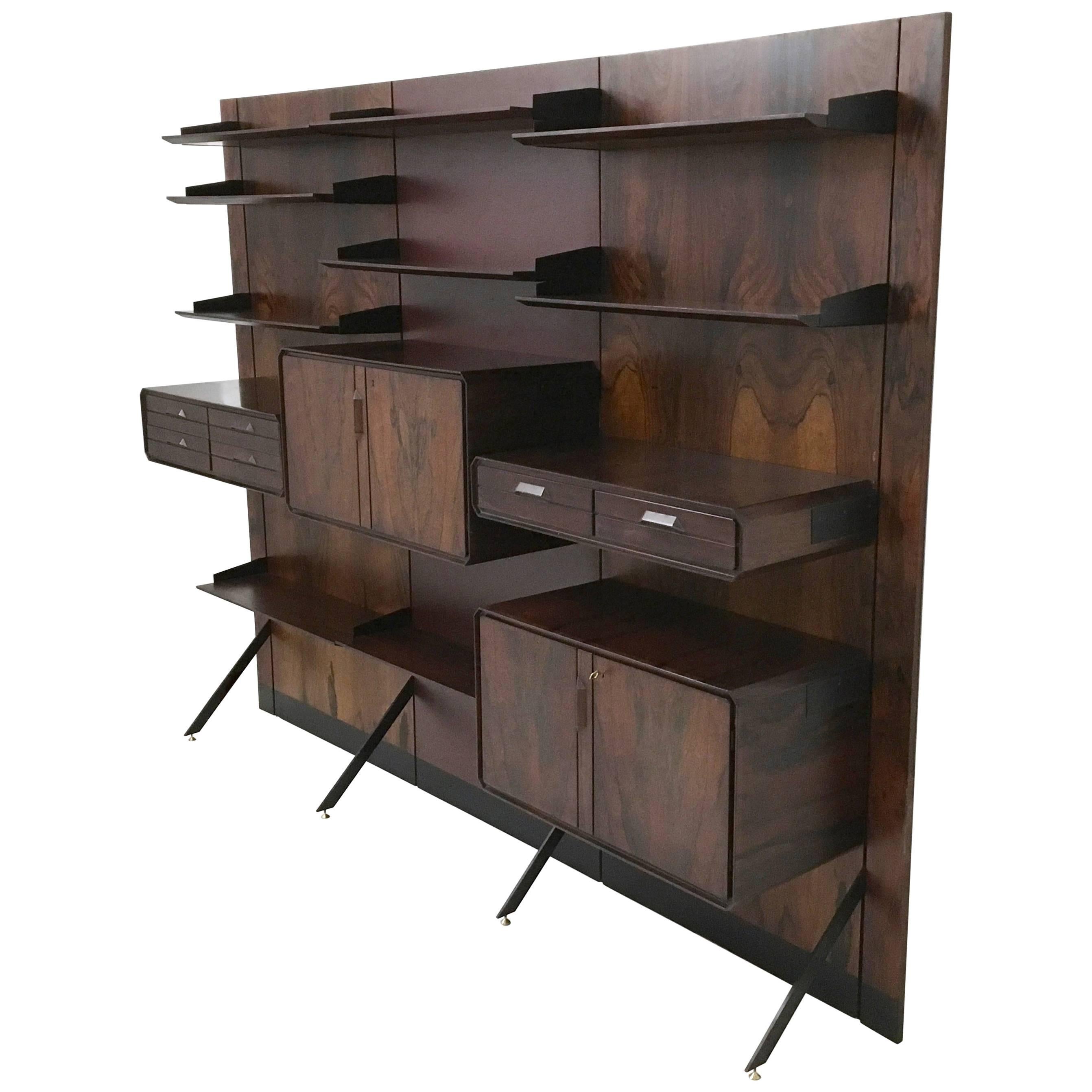 Midcentury Modern Wood, Formica, Metal and Brass Bookcase, Italy, 1960s