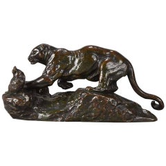 Animalier Bronze Study "Panthère Surprenant un Zibeth" by Antoine Barye