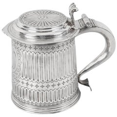 Antique Queen Anne English Silver Lidded Tankard "LE" 1703