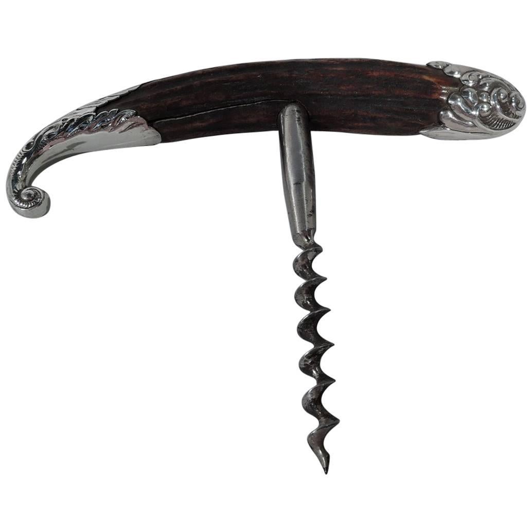 American Art Nouveau Sterling Silver and Horn Corkscrew