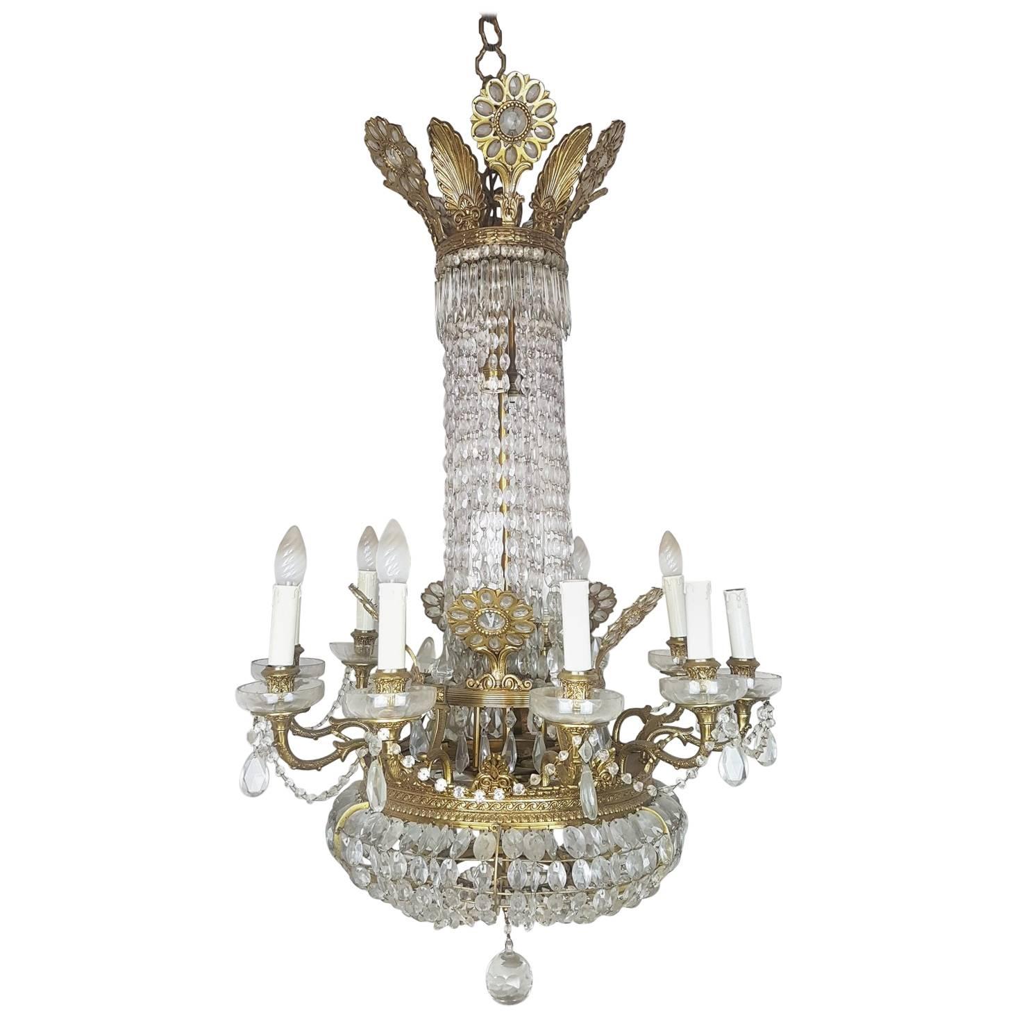 19th Century French Empire Style Gilded Bronze and Crystals Chandelier