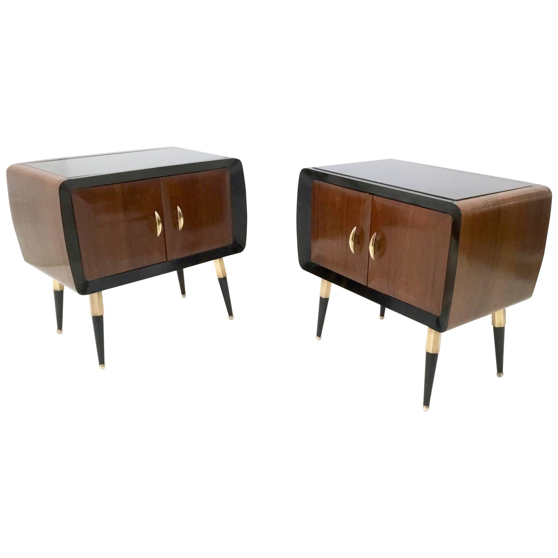 Pair of Mahogany Nightstands with Back-Painted Glass Top, Italy, 1950s