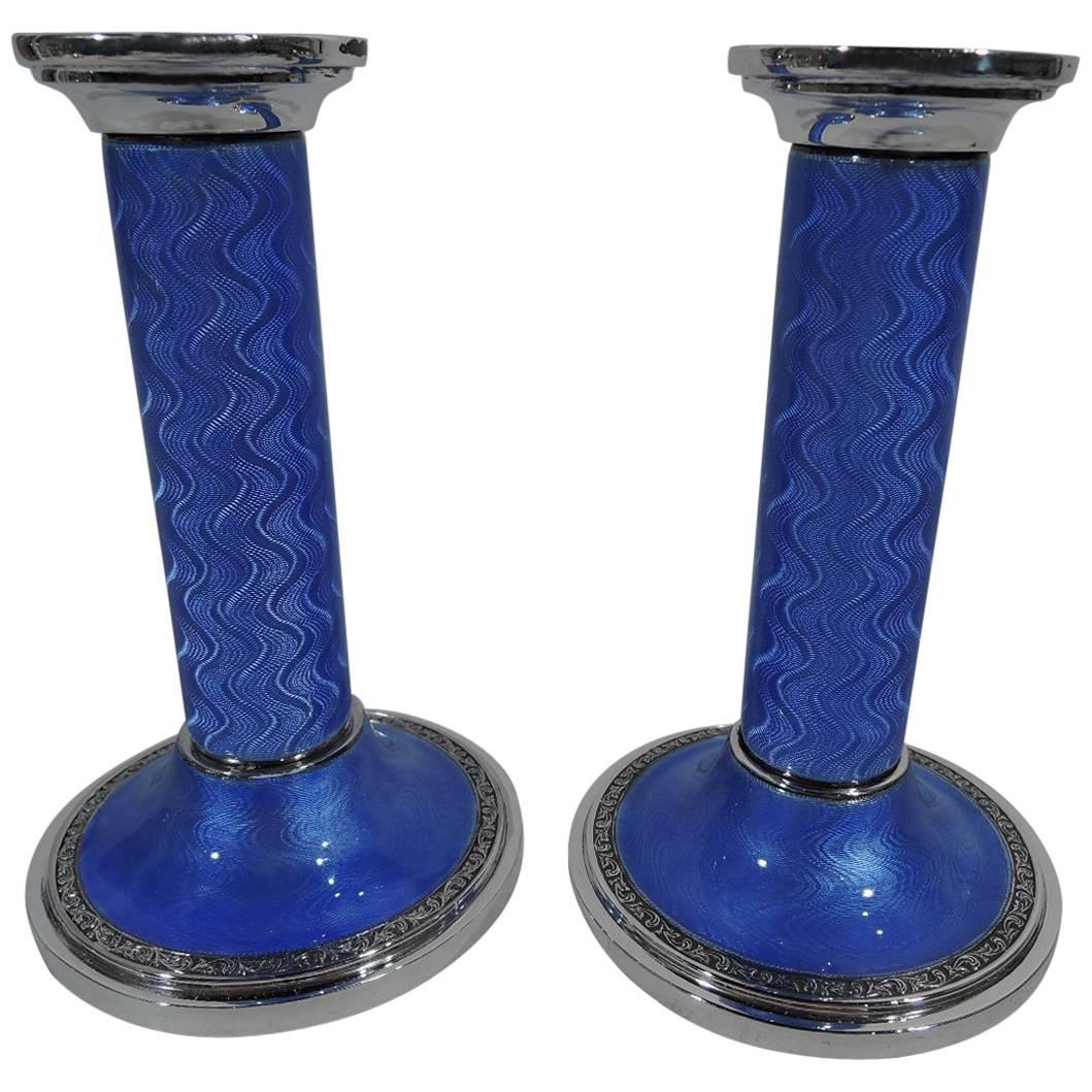 Pair of English Art Deco Sterling Silver and Blue Enamel Candlesticks