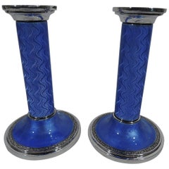 Pair of English Art Deco Sterling Silver and Blue Enamel Candlesticks