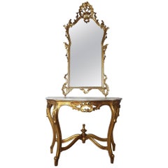 20th Century Italian Baroque Style Carved Gilded Wood Console Table with Mirror