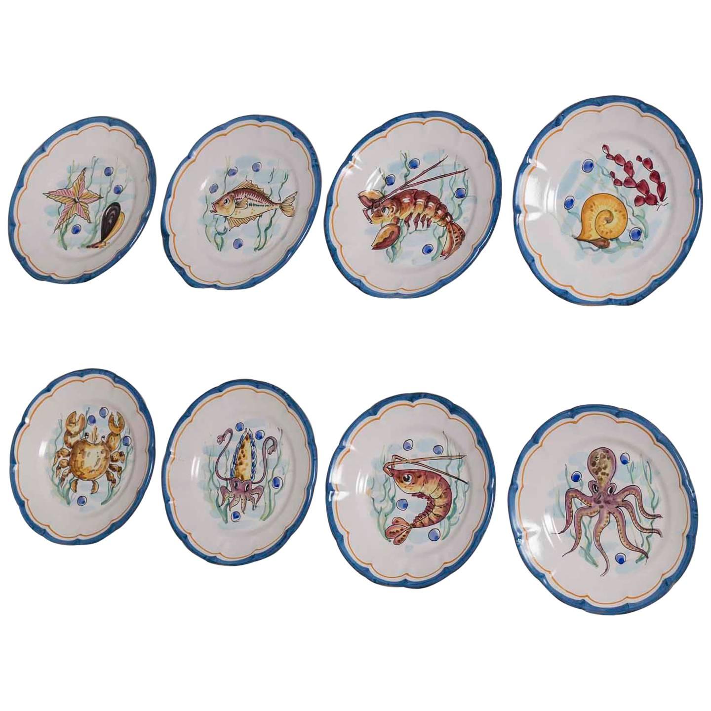Set Eight Italian Hand-Painted Dinner Plates, Vietri