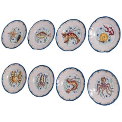 Vintage Set Eight Italian Hand-Painted Dinner Plates, Vietri