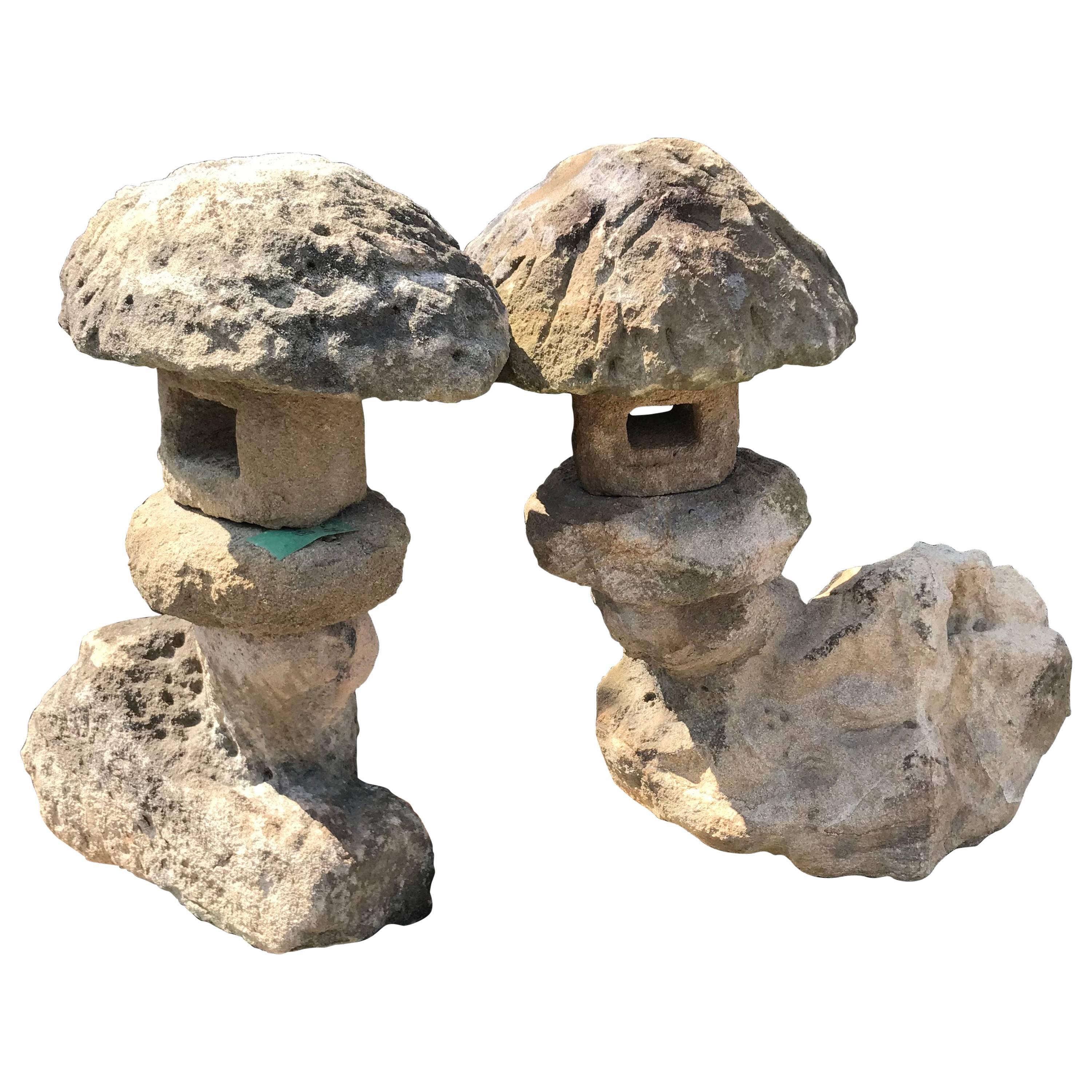 Japan Pair of "Spirit Mountain" Stone Lanterns Hand Carved Organic Natural Style