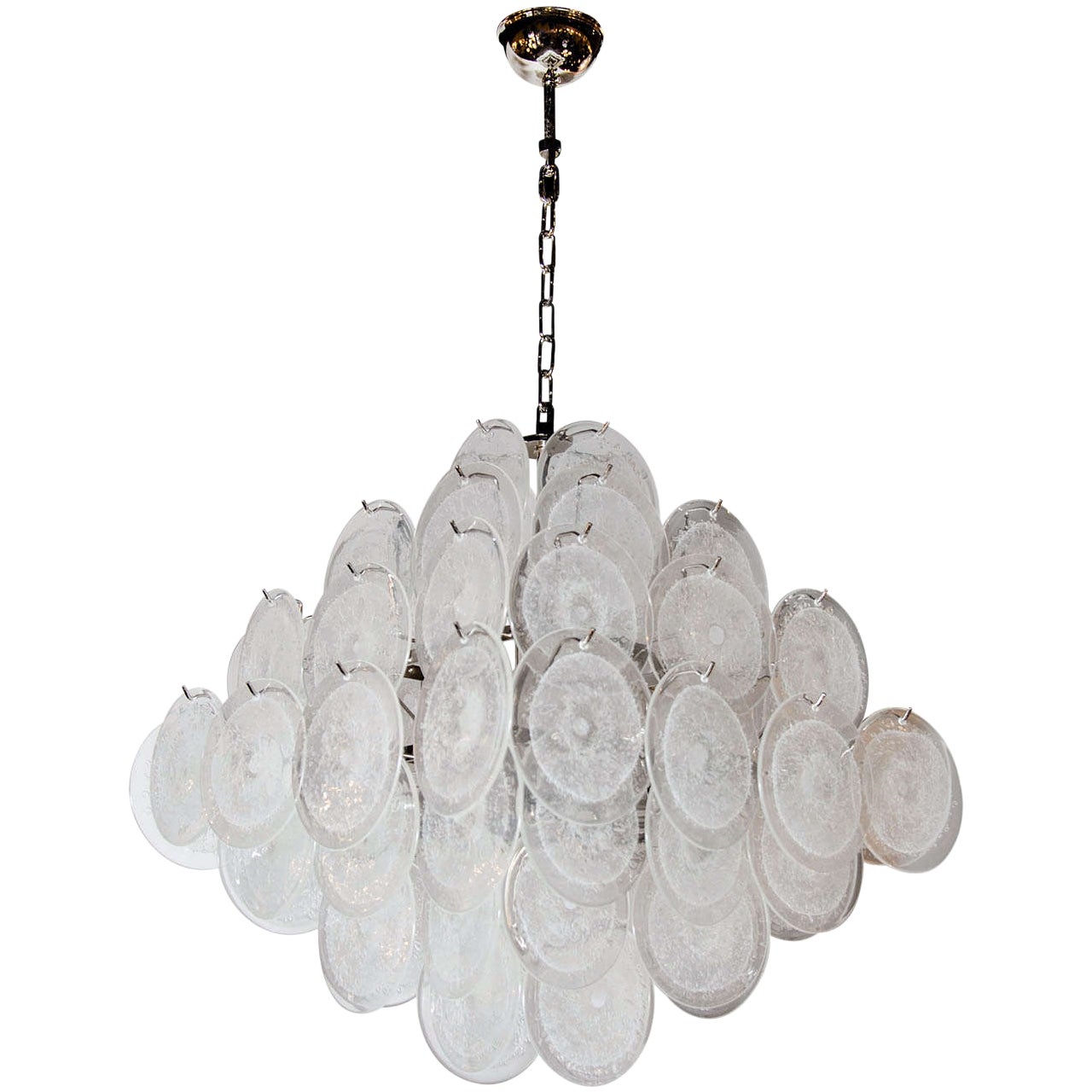Lampadario a disco a pagoda modernista in vetro di Murano trasparente