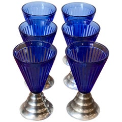 Set of Six Vintage Art Deco Cobalt Blue Glass Cordial Glasses with Chrome Base