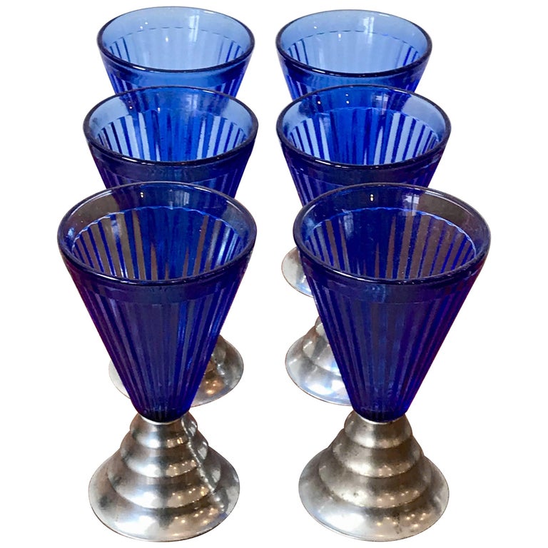 Set of Six Vintage Art Deco Cobalt Blue Glass Cordial Glasses with