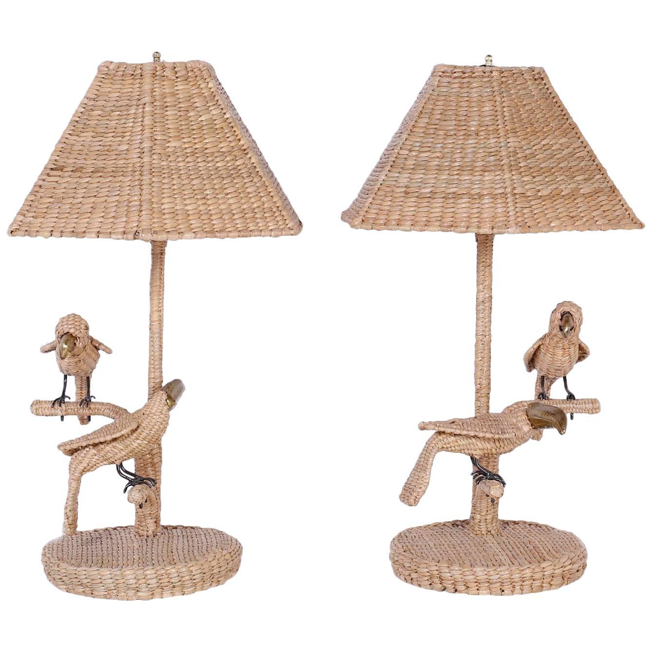 Pair of Mario Torres Wicker Parro and Toucan Bird Table Lamps