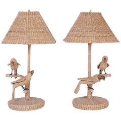 Pair of Mario Torres Wicker Parro and Toucan Bird Table Lamps