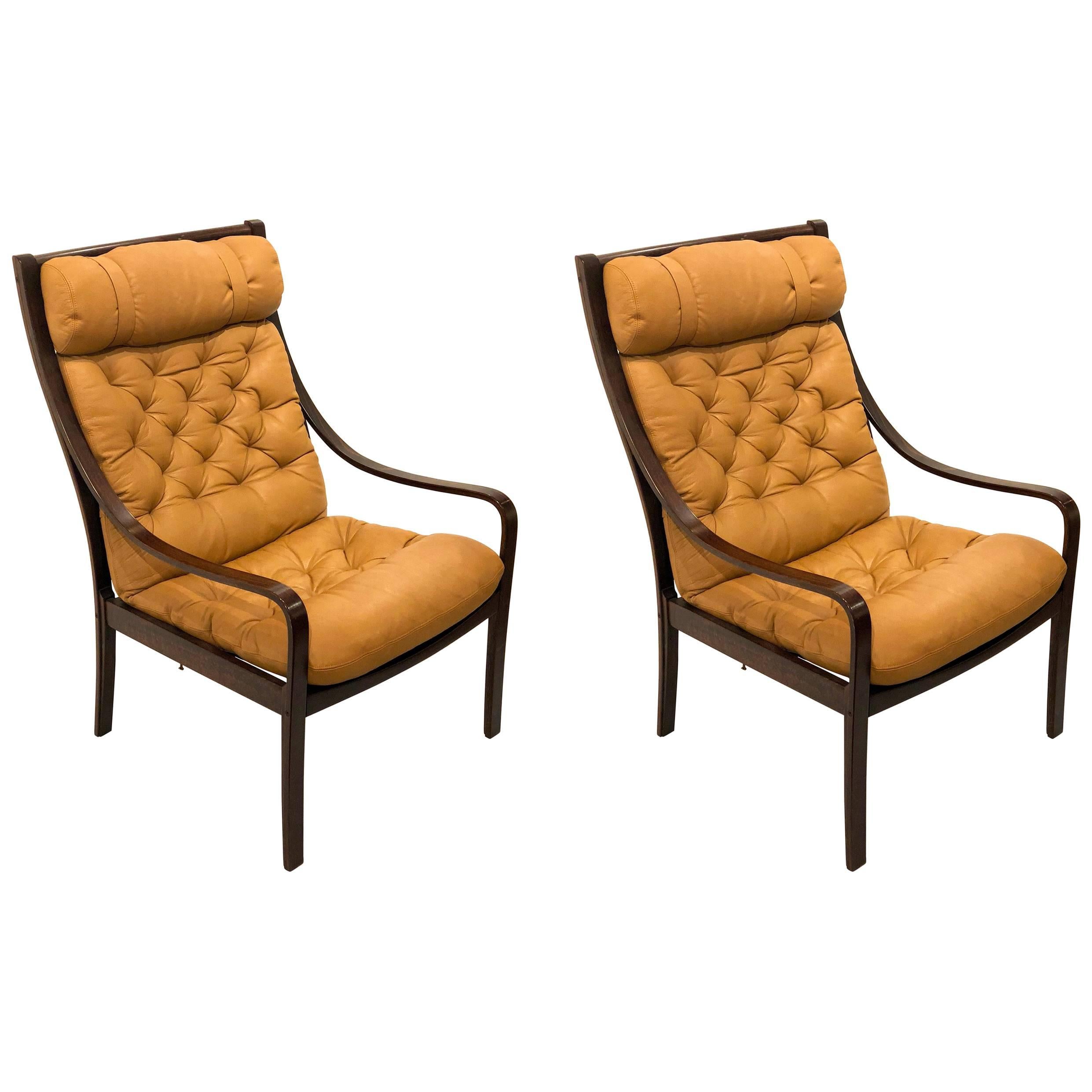 Danish Modern Pair of Tall Back Leather and Rosewood Armchairs