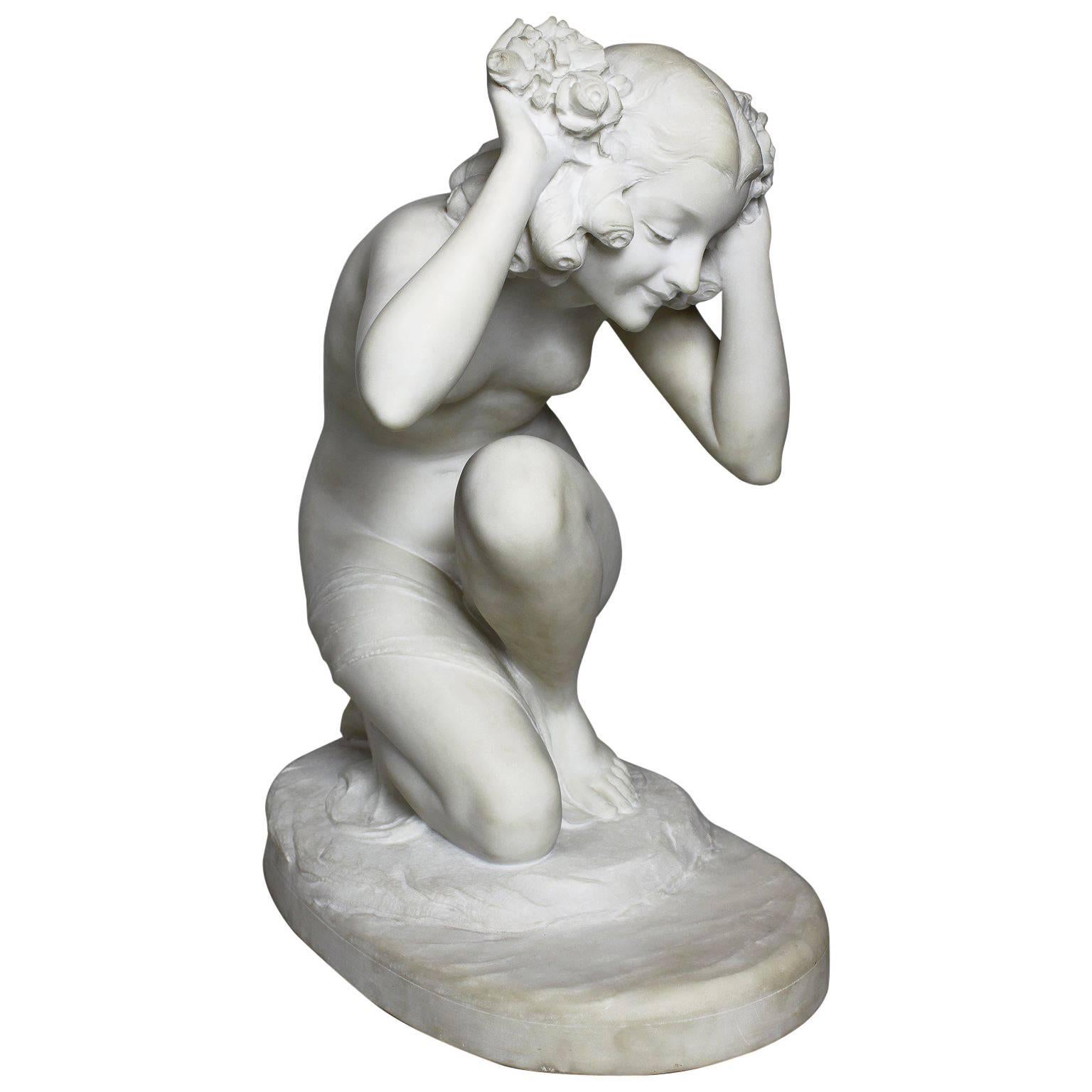 French Early 20th Century Art Deco Marble Figure "Kneeling Nude Girl" For Sale