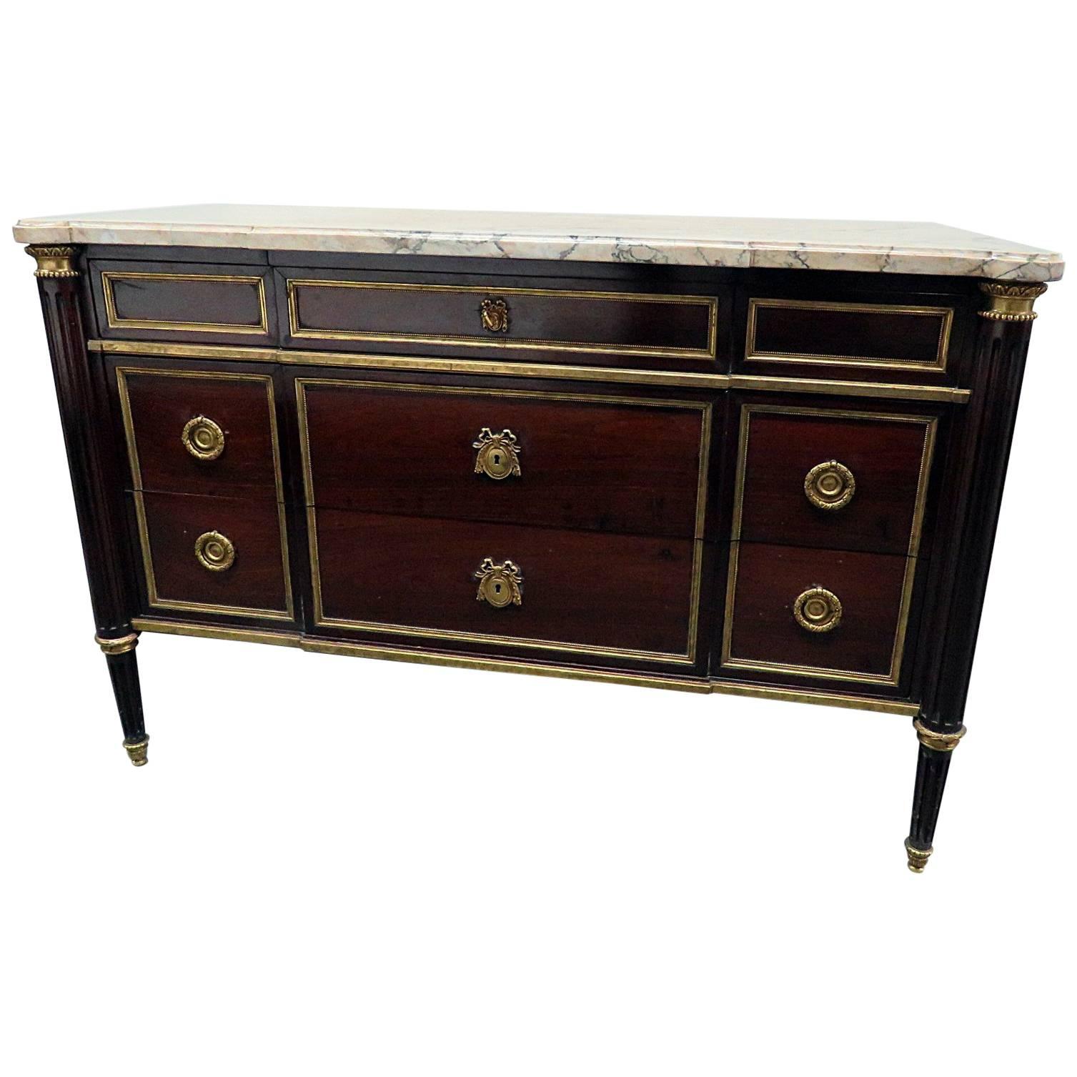 Mahogany Maison Jansen Louis XVI Marble Top Commode Chest