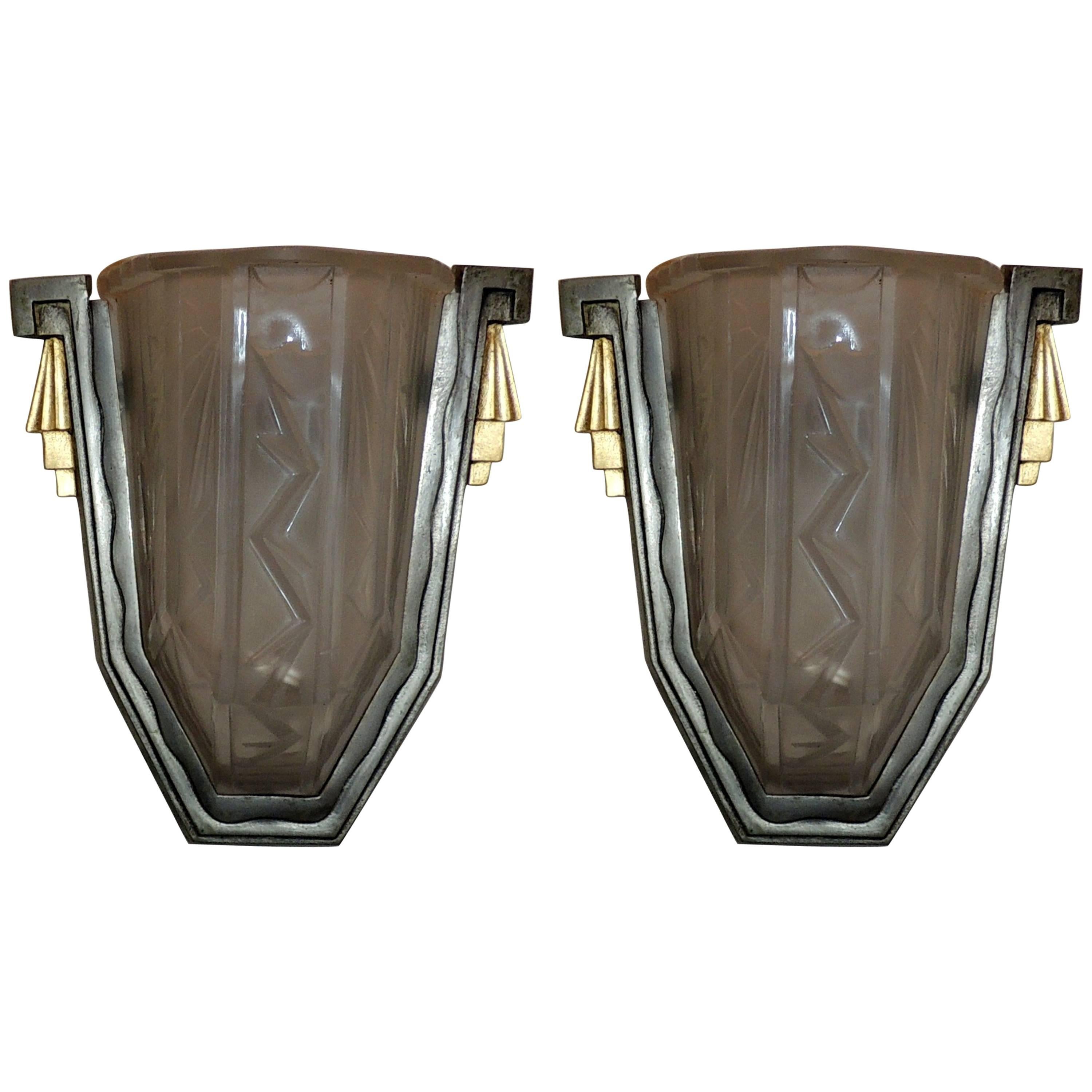 Wonderful Pair of Art Deco Frosted Glass Brushed Nickel Gilt Bronze Wall Sconces