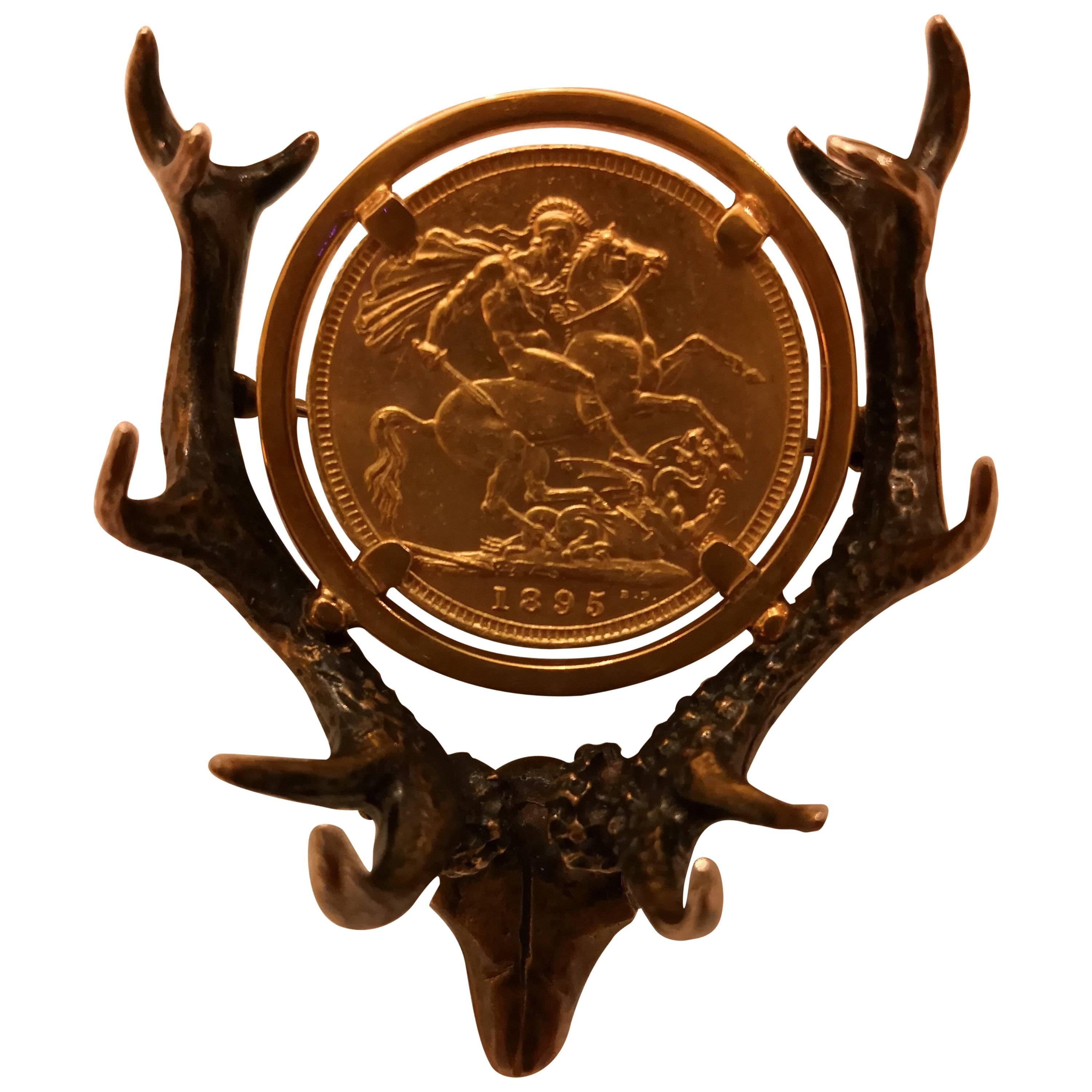 Austrian Antler Brooch with English Gold Medal For Sale