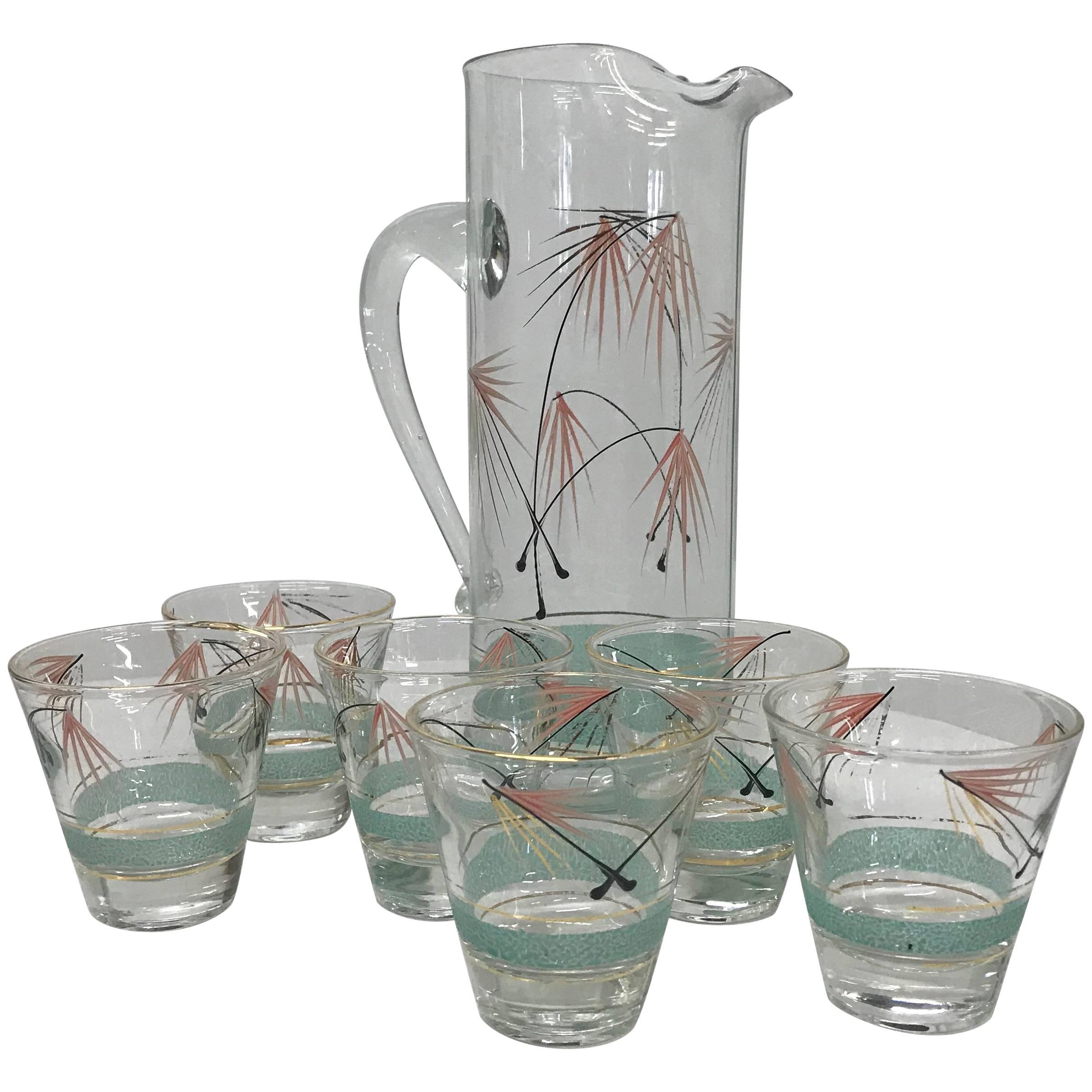 Mid-Century Modern Set of Six Glasses and Pitcher