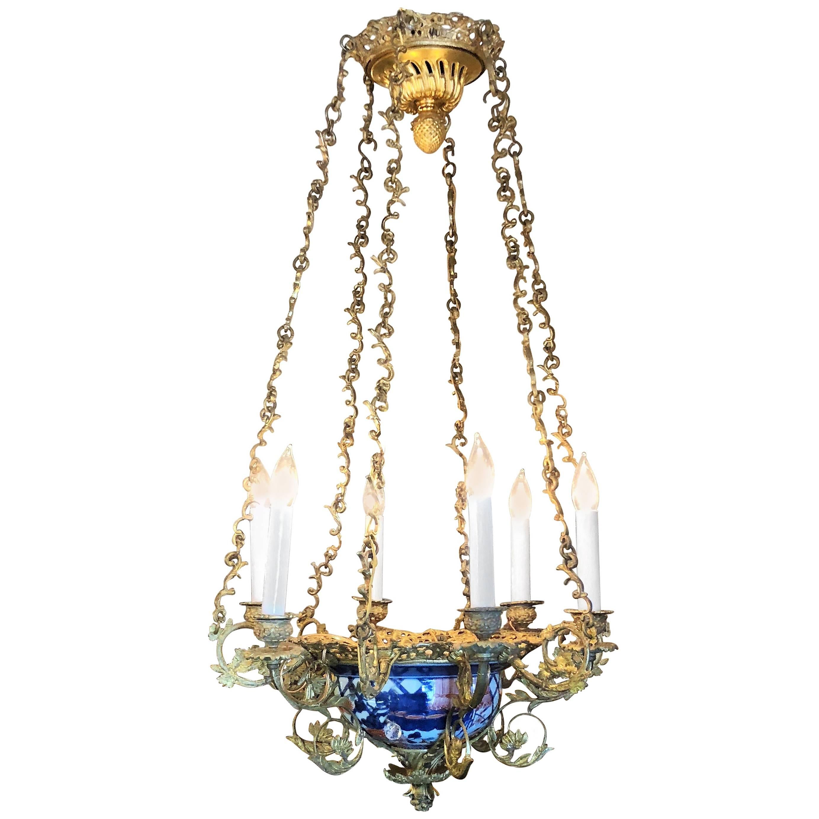 Antique French Bronze and Gold Imari Porcelain Chandelier