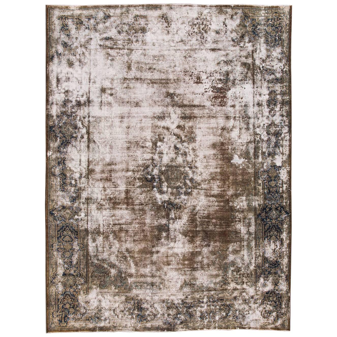 Antique Distressed Gray Persian Kerman Rug, 10x13.03 For Sale