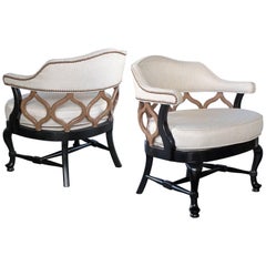 Pareja de sillas americanas de la década de 1960, estilo Hollywood Regency, lacadas en marrón oscuro y topo