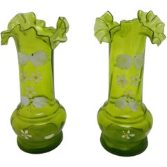 Antique 19th Century Bused Pair of Green Jugendstil Glass Vases Mouth Blown Hand-Painted