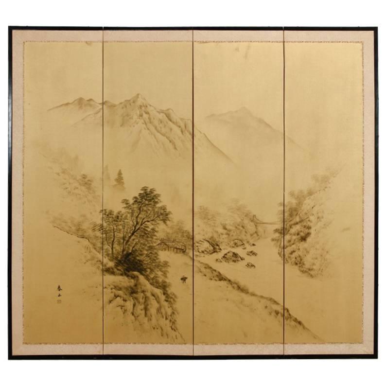 Japanese Four-Panel Byobu Gilt Landscape Screen