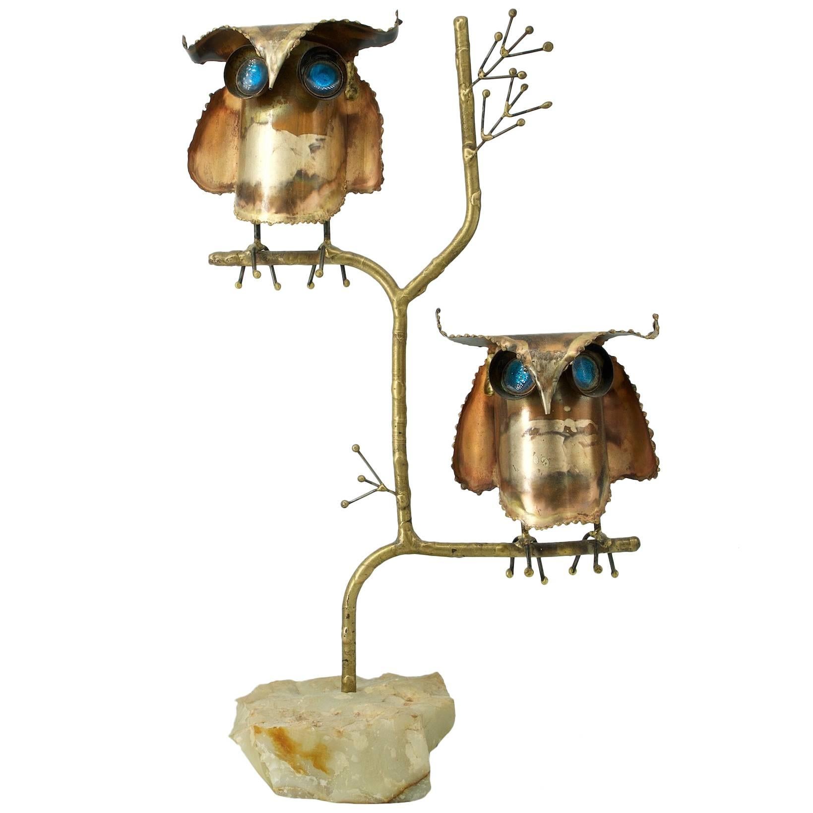 1960s Mid-Century Mod C.Jere 2Brass Hoot Owls Tree Marble Table Sculpture Bird 
