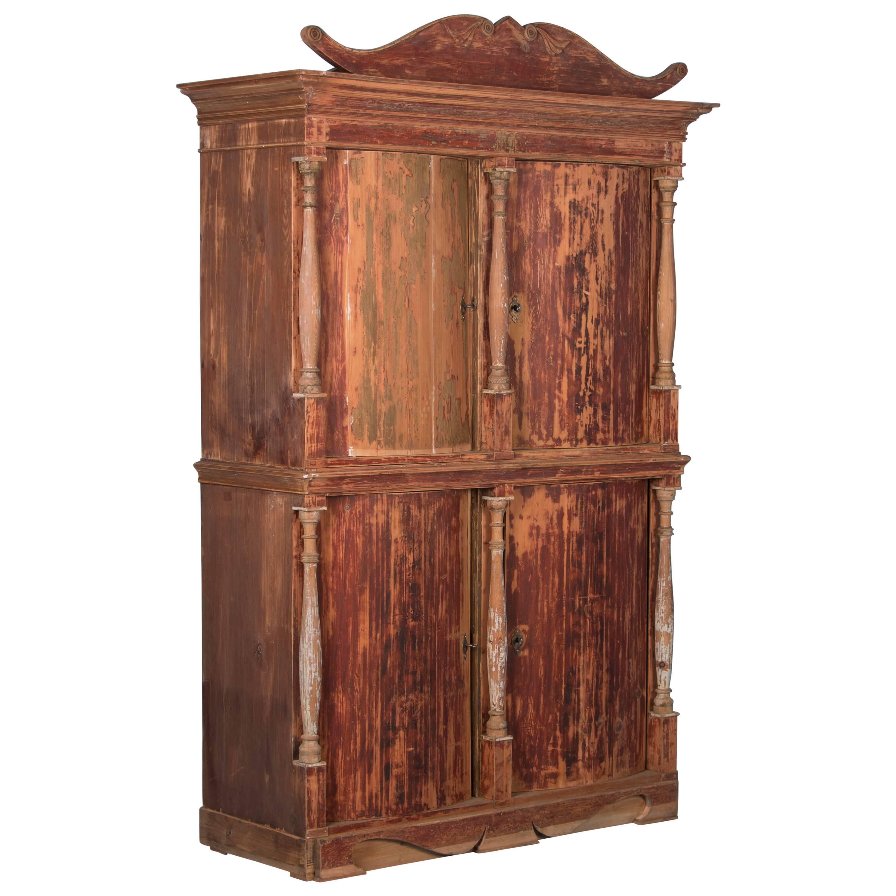 Antique Danish Pine Bow Front Four-Door Cabinet with Original Red Paint For Sale