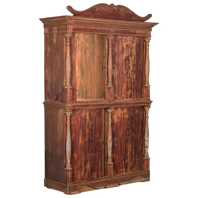 Antique Danish Pine Bow Front Four-Door Cabinet With Original Red Antique Danish Pine Bow Front Four-Door Cabinet with Original Red Paint For Sale - Antique Danish Pine Bow Front Four-Door Cabinet With Original Red