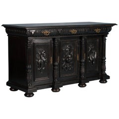Carved Antique Danish Oak Sideboard with Black Paint