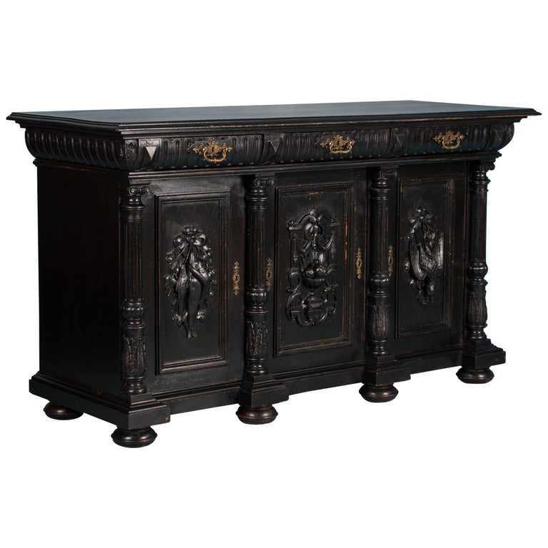 Carved Antique Danish Oak Sideboard with Black Paint at 1stDibs