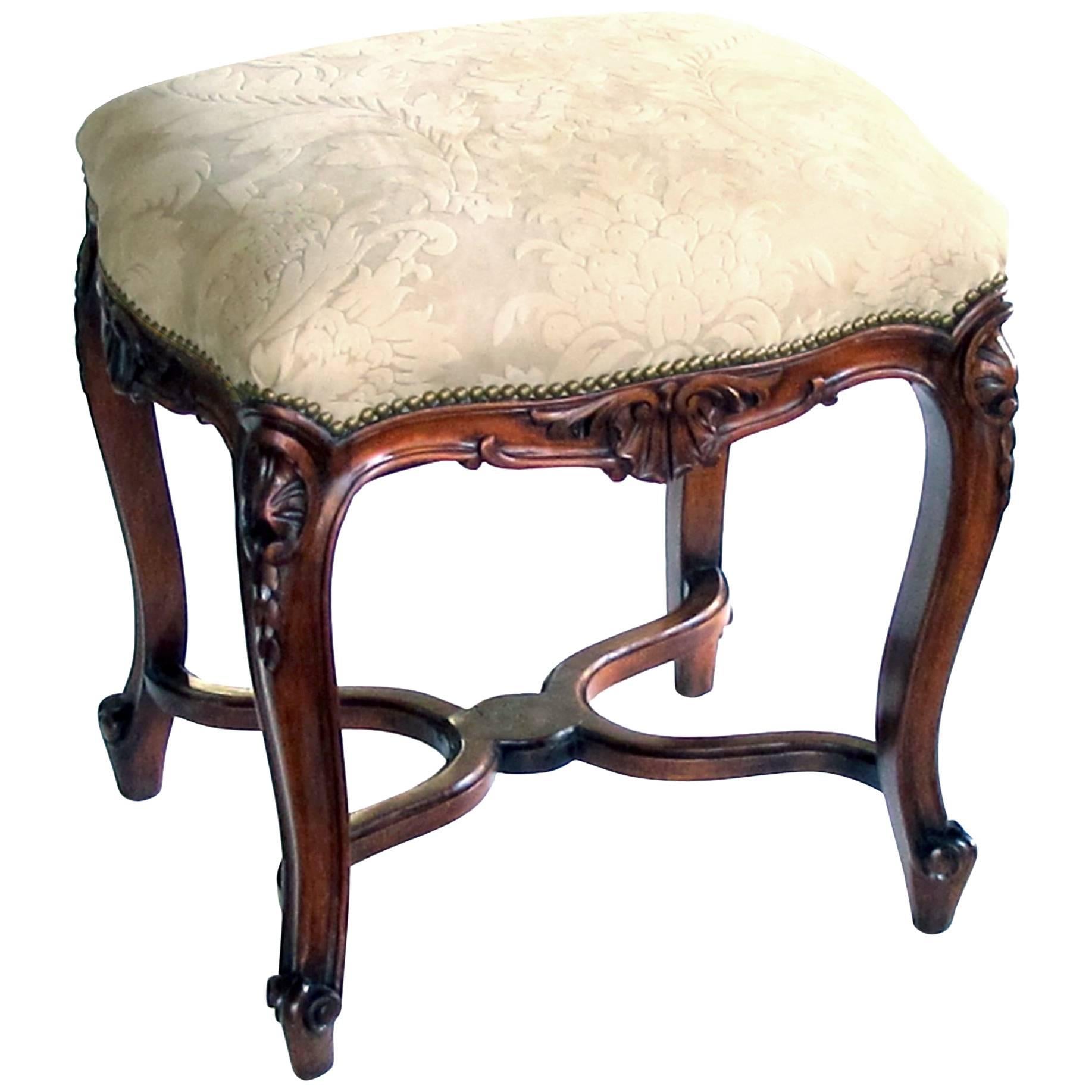 Elegant French Regence Style Carved Walnut Stool with Cut-Suede Upholstery