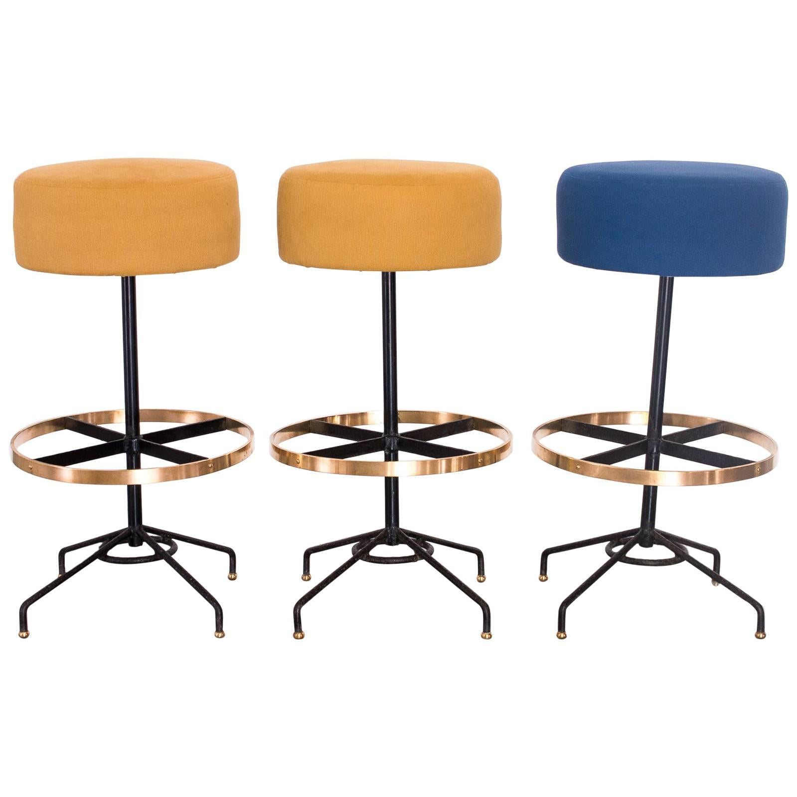 Set of Three Bar Stools in Iron and Brass by Acácio Gil Borsoi, Brazil, 1950's
