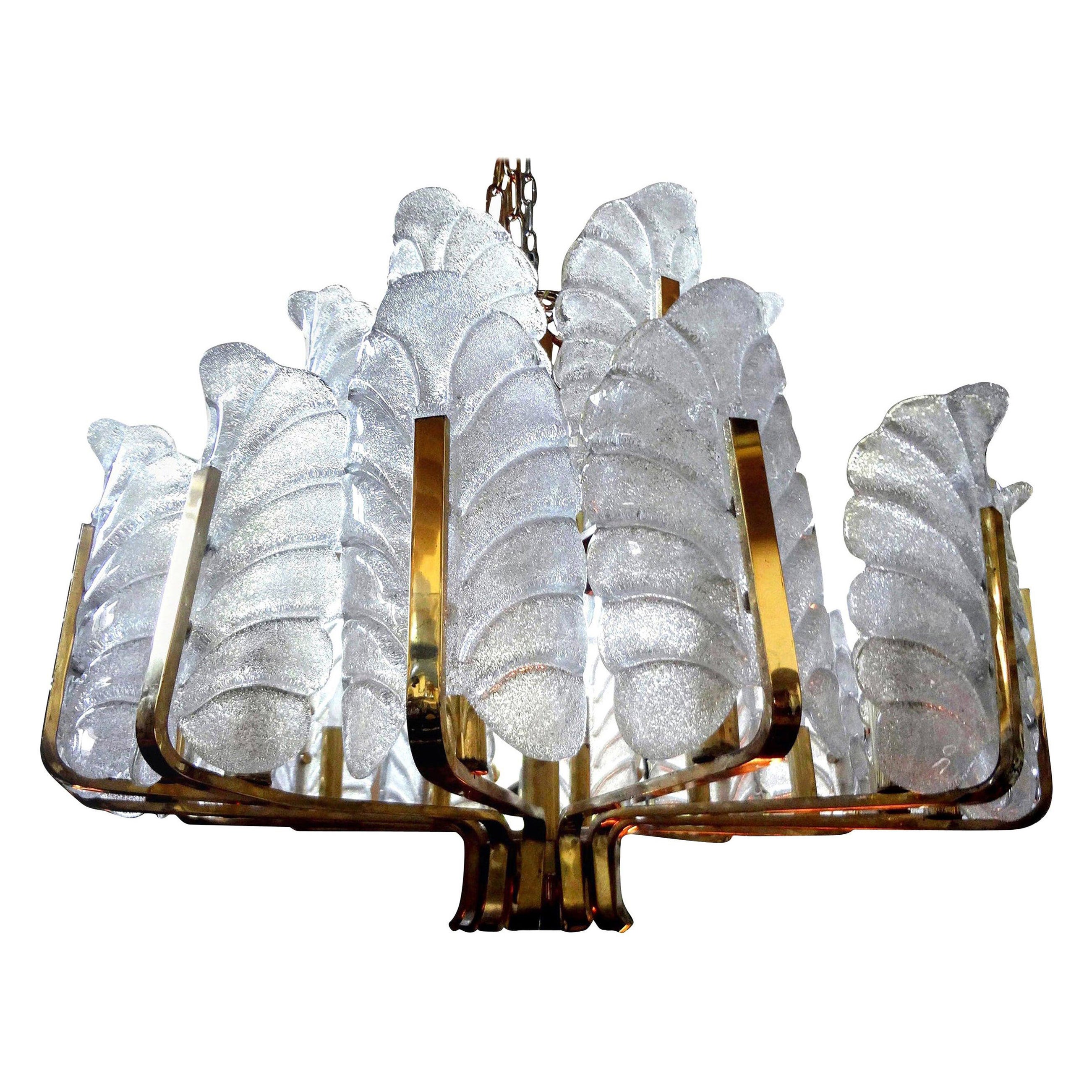 Large Glass and Brass Chandelier by Carl Fagerlund for Orrefors