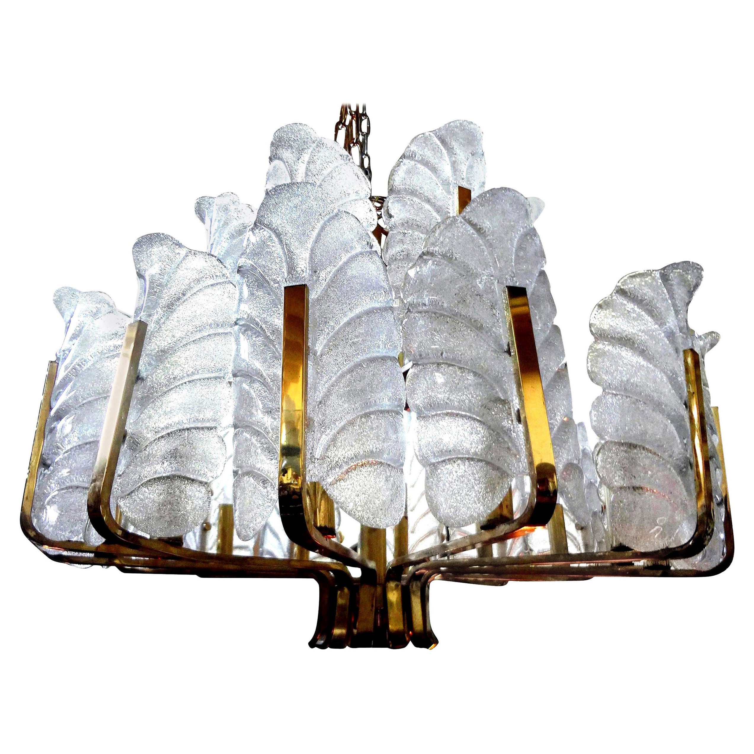 Large Glass and Brass Chandelier by Carl Fagerlund for Orrefors For Sale