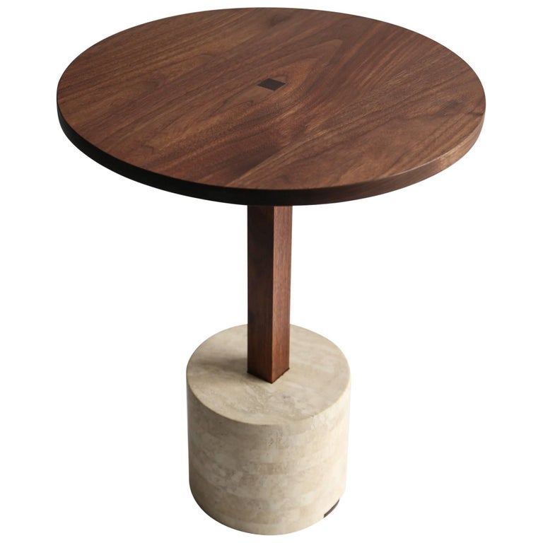 Contemporary Foundation Side Table in Walnut Wood and Stone by Fort Standard For Sale