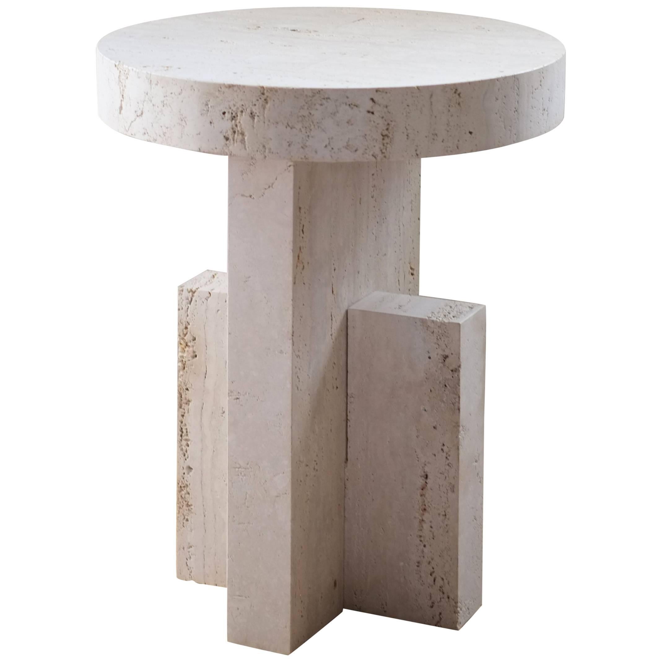 Contemporary Planar Side Table in Travertine Stone by Fort Standard