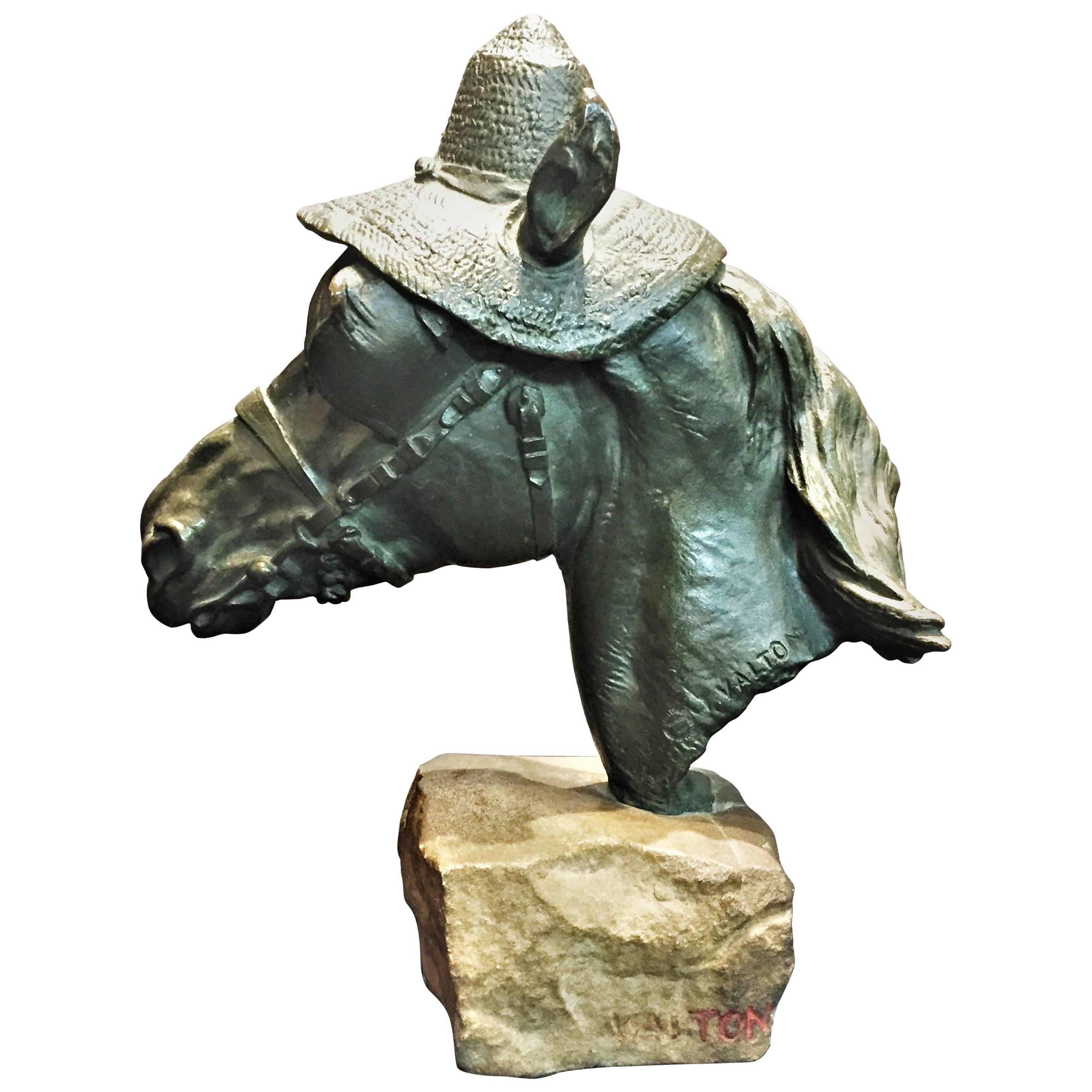 Charles Valton, Horse Head in Straw Hat, Patinated Bronze Sculpture, circa 1880s