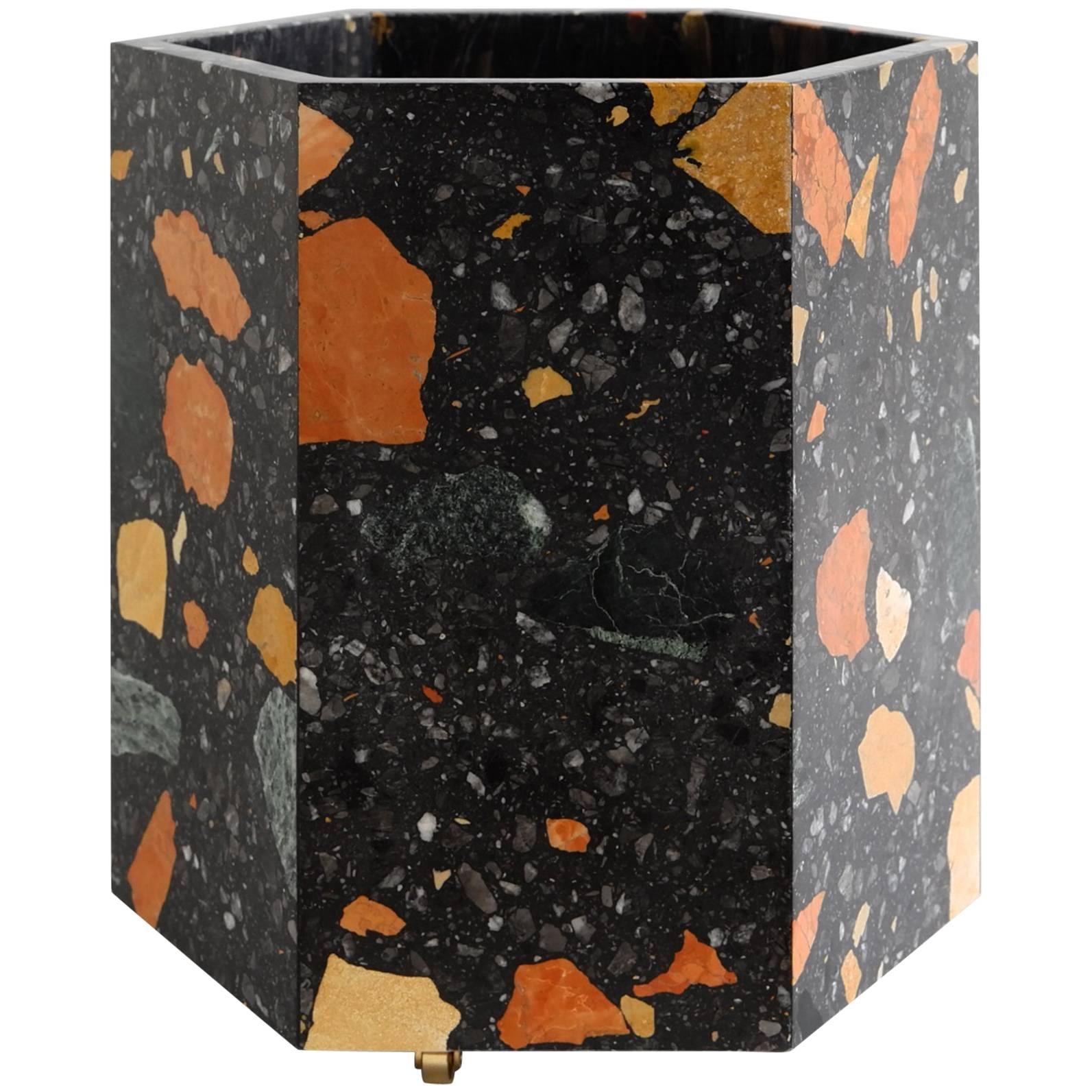 Contemporary Hexagonal Black Marmoreal Stone Planter by Fort Standard, in Stock