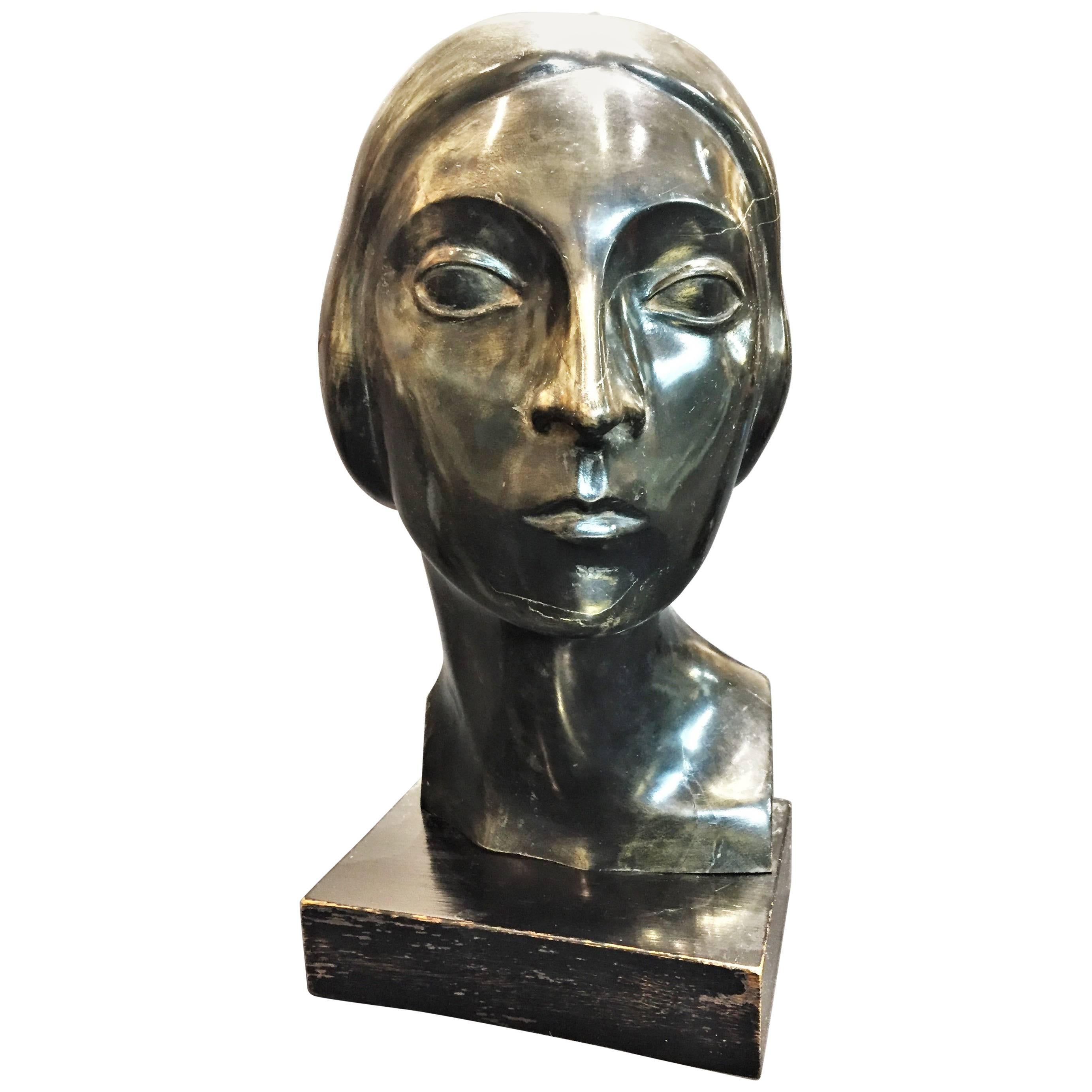 Eugene Kormendi-Frim, Head, Hand-Carved Ebonized Wood Sculpture, circa 1930s For Sale