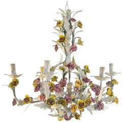 Tole Chandelier with Porcelain Flowers, Italy