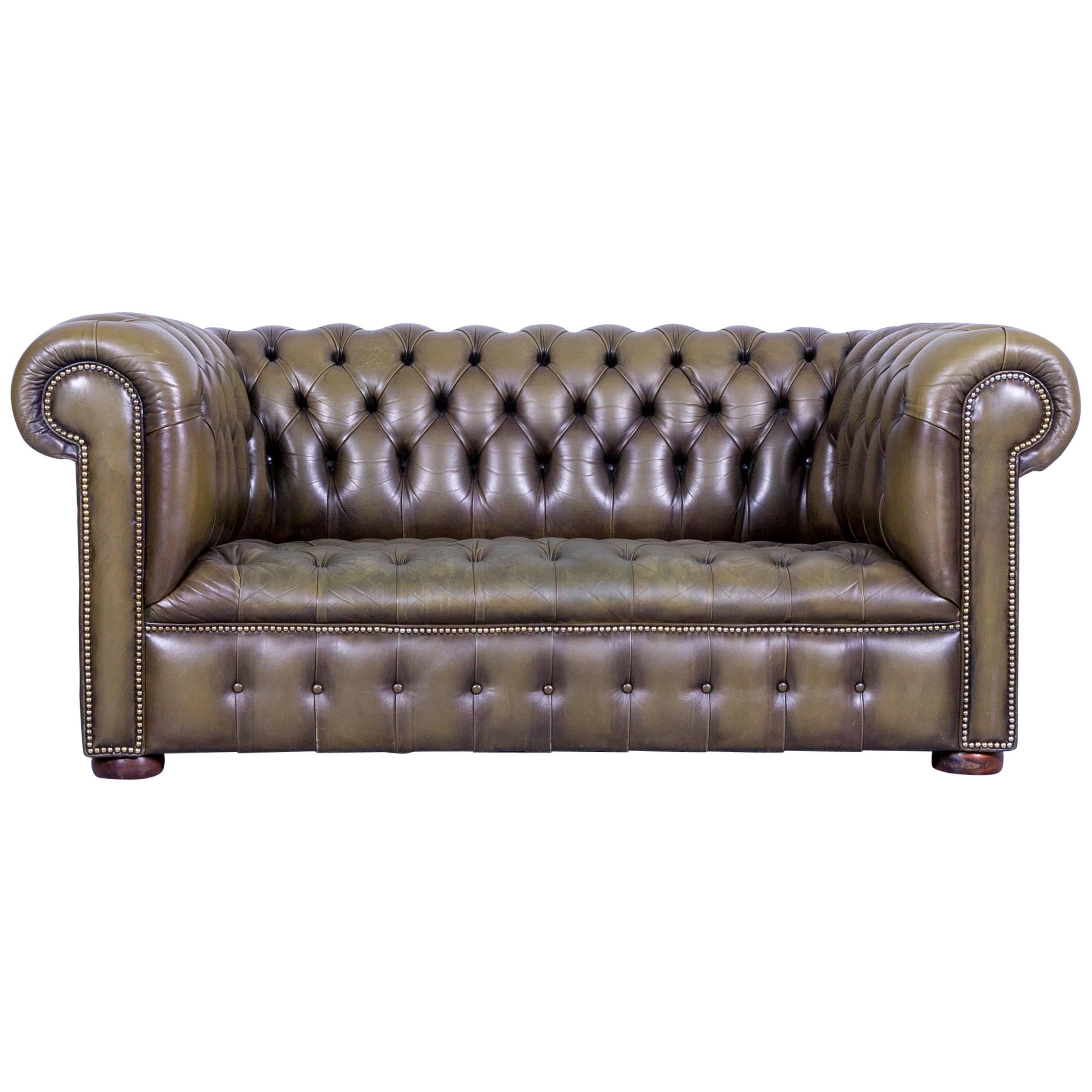 Chesterfield Leather Sofa Olive Green Couch Vintage Two-Seat